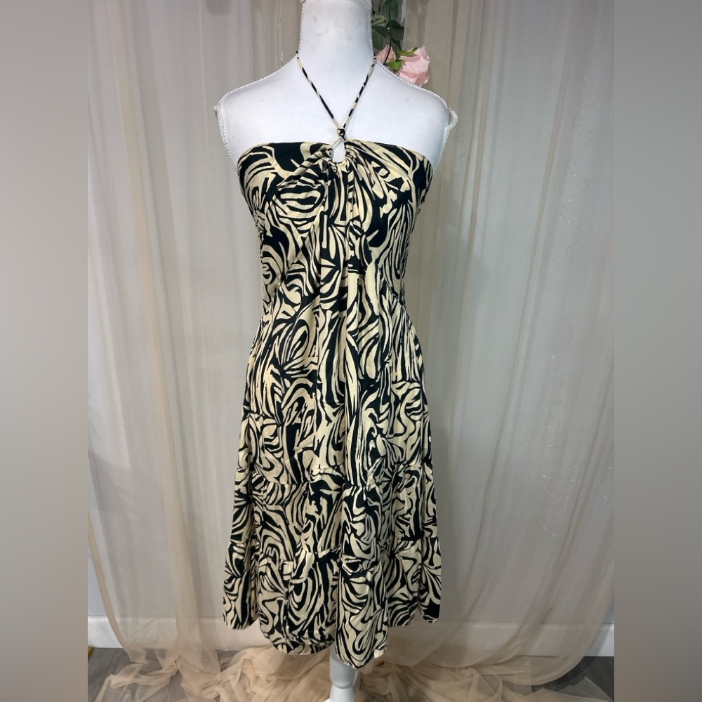 NWT White Waves Halter Mini Dress Smocked Back Black Cream Boho